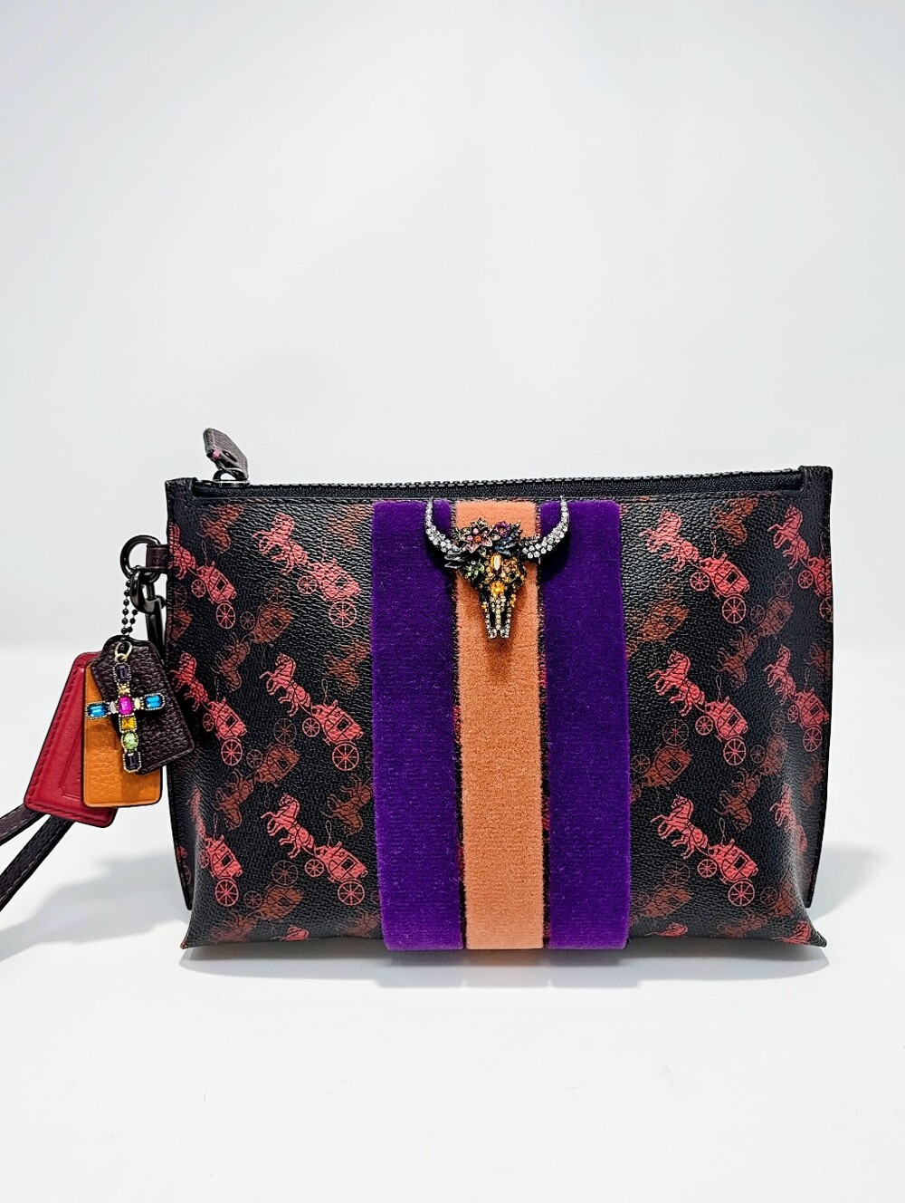 Coach Charlie Pouch w/ Velvet stripes. Upcrafted wristlet. Maroon Orange Purple